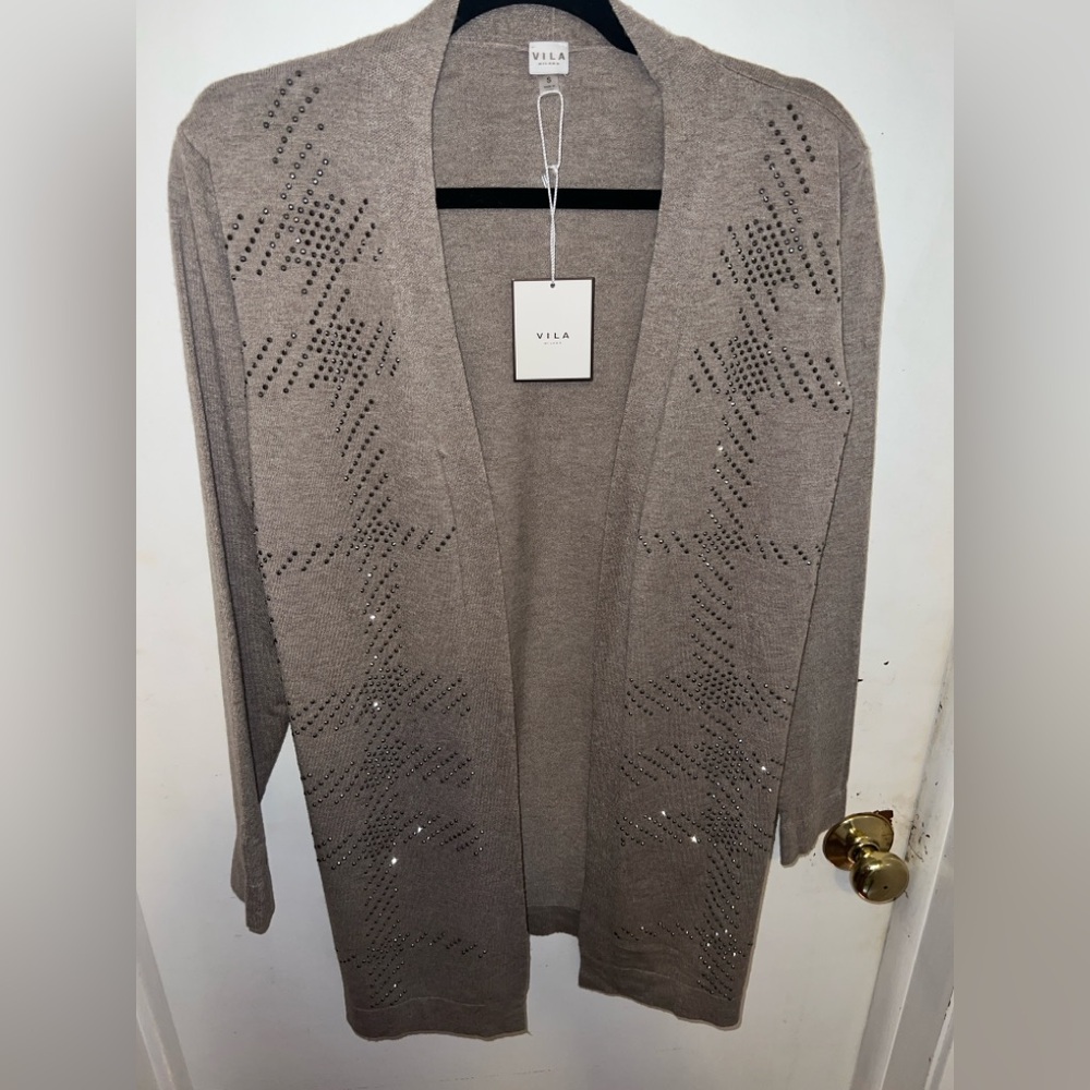 VILA Women's Taupe Cardigan with Studded Design